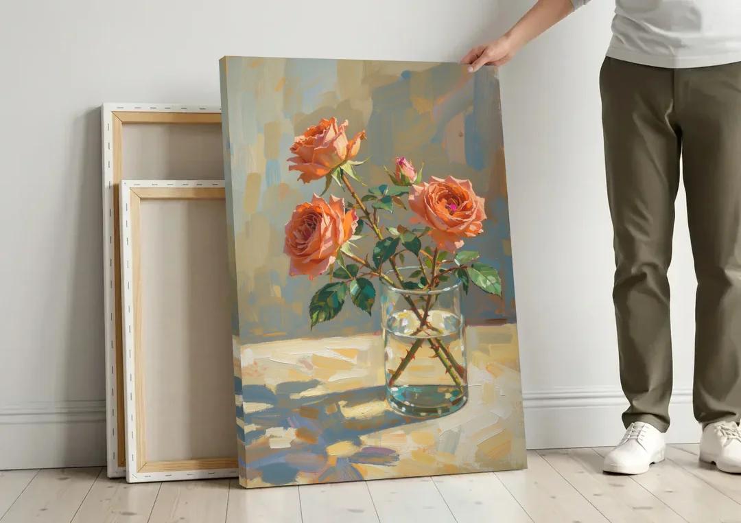 Still Life Flower Painting with Coral Roses canvas wall art leaning against a wall next to blank canvases