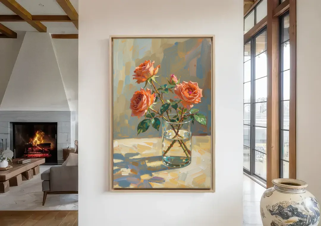 Still Life Flower Painting with Coral Roses canvas wall art in a living room with a fireplace