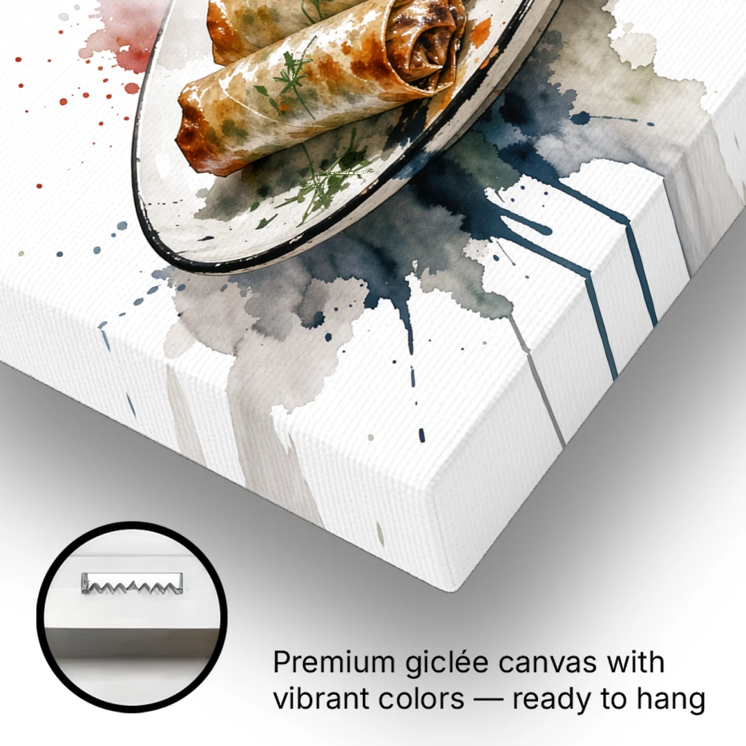 Still Life Food Painting of Crisp Spring Rolls - Canvas Wall Art - Gallery Wrap Corner
