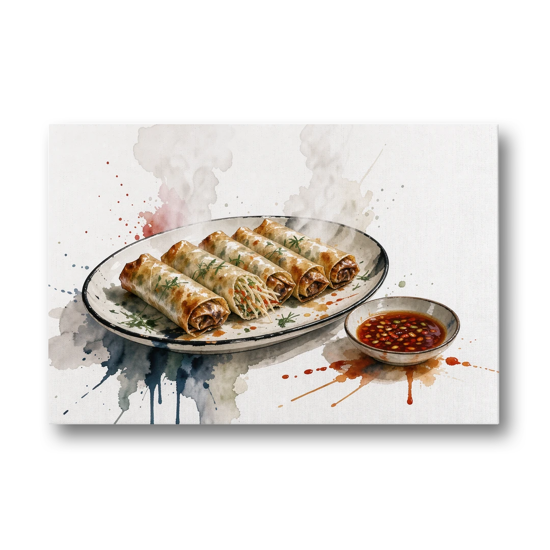 Still Life Food Painting of Crisp Spring Rolls - Canvas Wall Art - Front