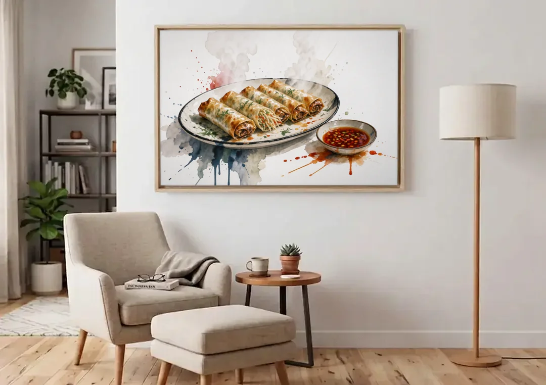 Still Life Food Painting of Crisp Spring Rolls canvas wall art above an armchair in a bright living room