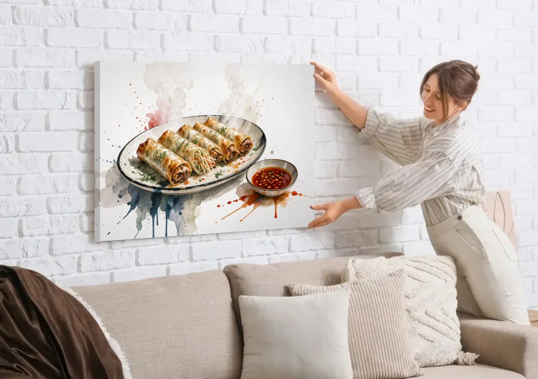 Still Life Food Painting of Crisp Spring Rolls canvas wall art being hung on a white brick wall above a sofa
