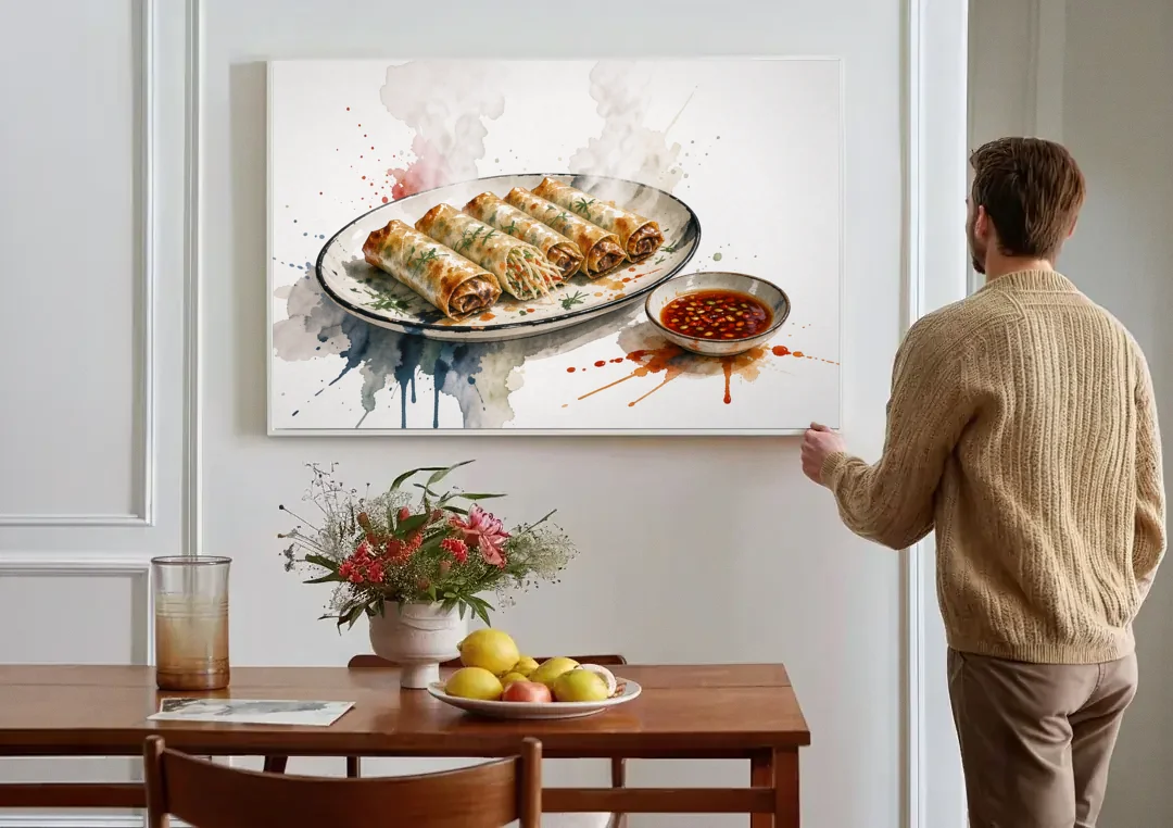 Still Life Food Painting of Crisp Spring Rolls canvas wall art above a dining table