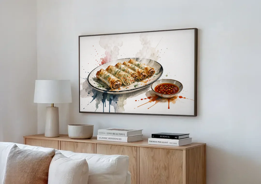 Still Life Food Painting of Crisp Spring Rolls canvas wall art above a wooden sideboard next to a sofa