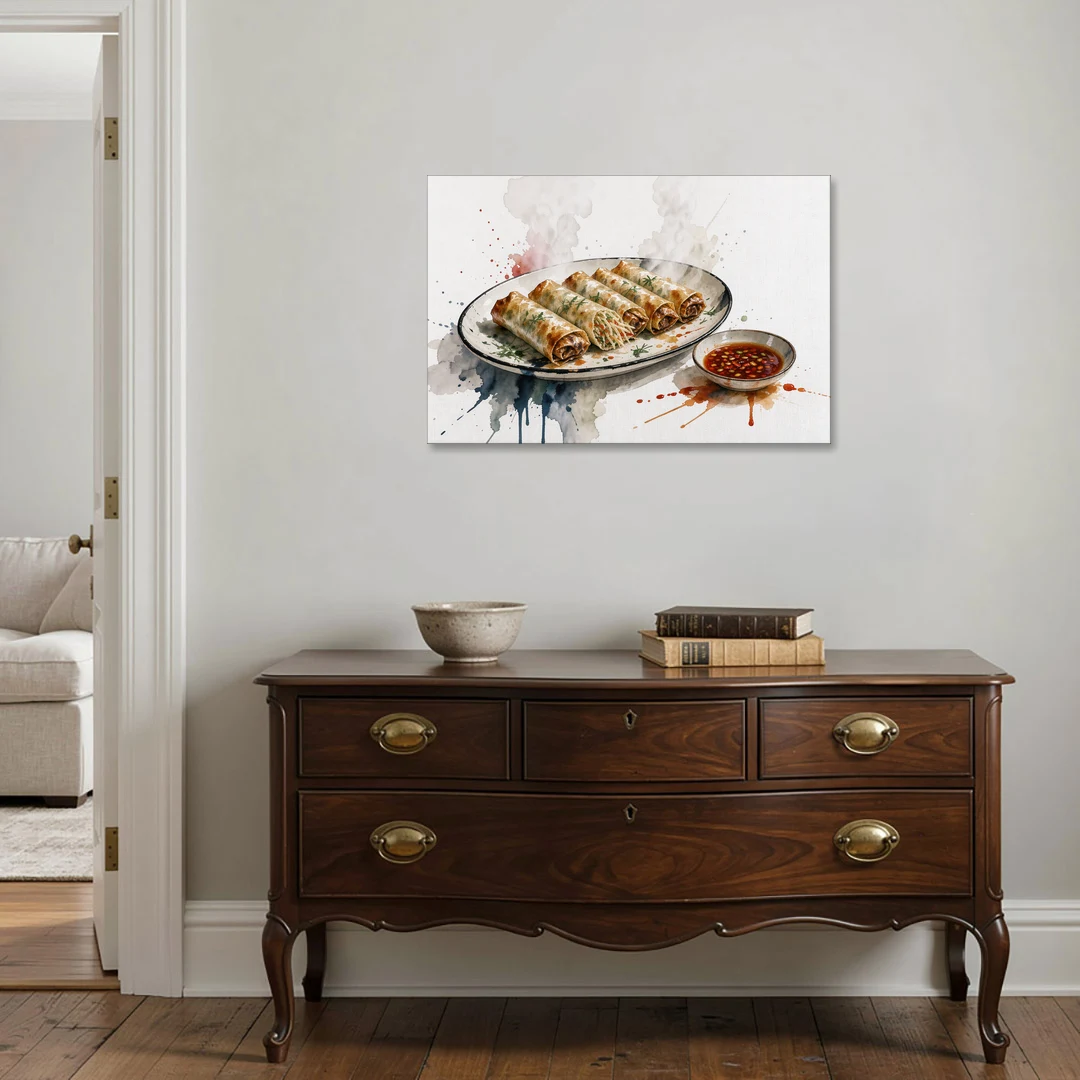 Still Life Food Painting of Crisp Spring Rolls - Canvas Wall Art - Coffee Table - 36x24