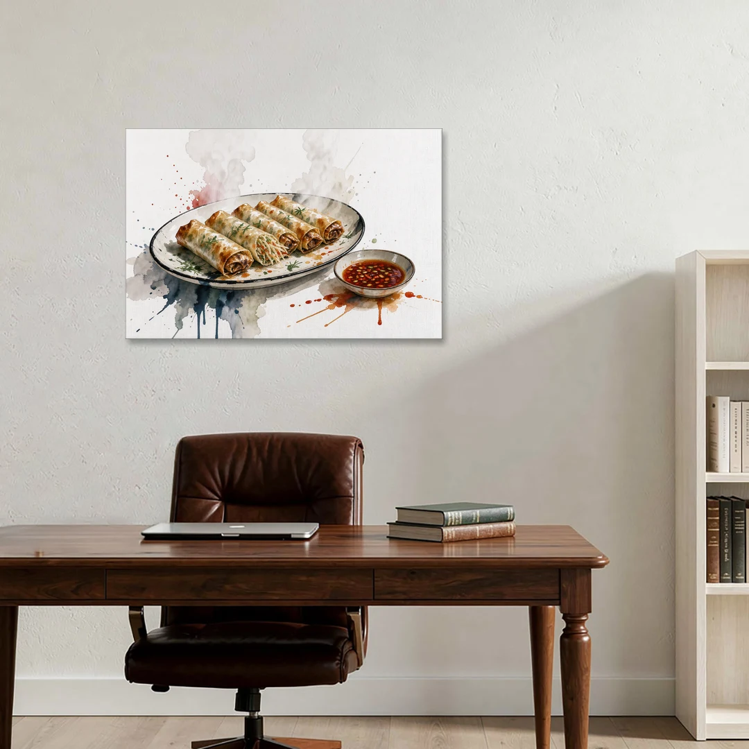 Still Life Food Painting of Crisp Spring Rolls - Canvas Wall Art - Office - 36x24
