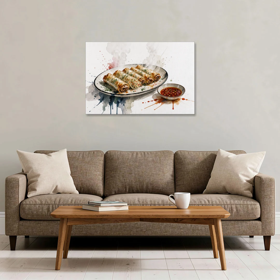 Still Life Food Painting of Crisp Spring Rolls - Canvas Wall Art - Sofa - 36x24