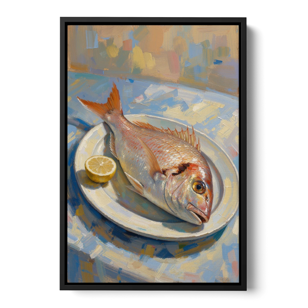 Still Life Oil Painting of Red Snapper and Lemon - Black Framed Canvas Wall Art - Front