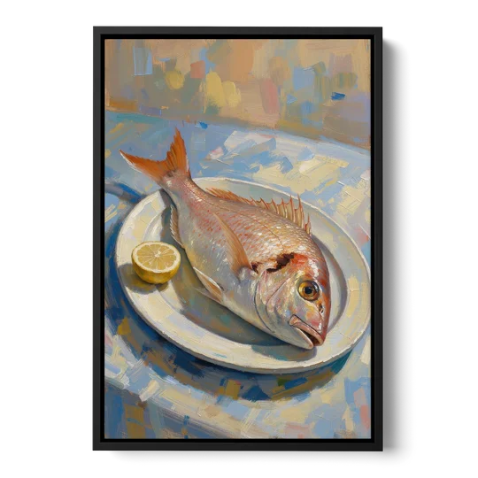 Still Life Oil Painting of Red Snapper and Lemon - Black Framed Canvas Wall Art - Front