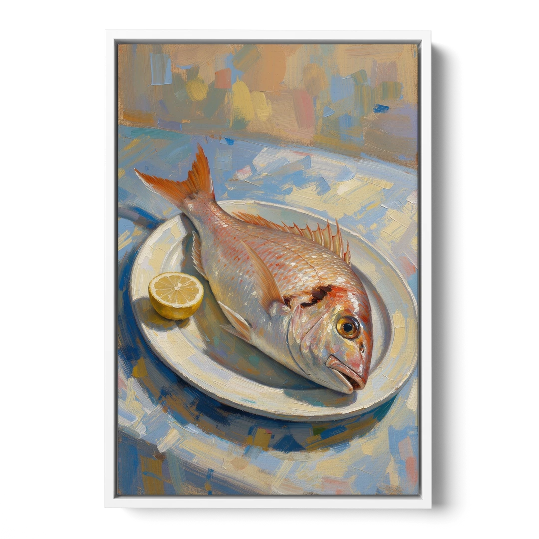 Still Life Oil Painting of Red Snapper and Lemon - White Framed Canvas Wall Art - Front