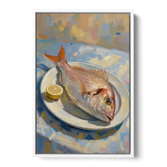 Still Life Oil Painting of Red Snapper and Lemon - White Framed Canvas Wall Art - Front
