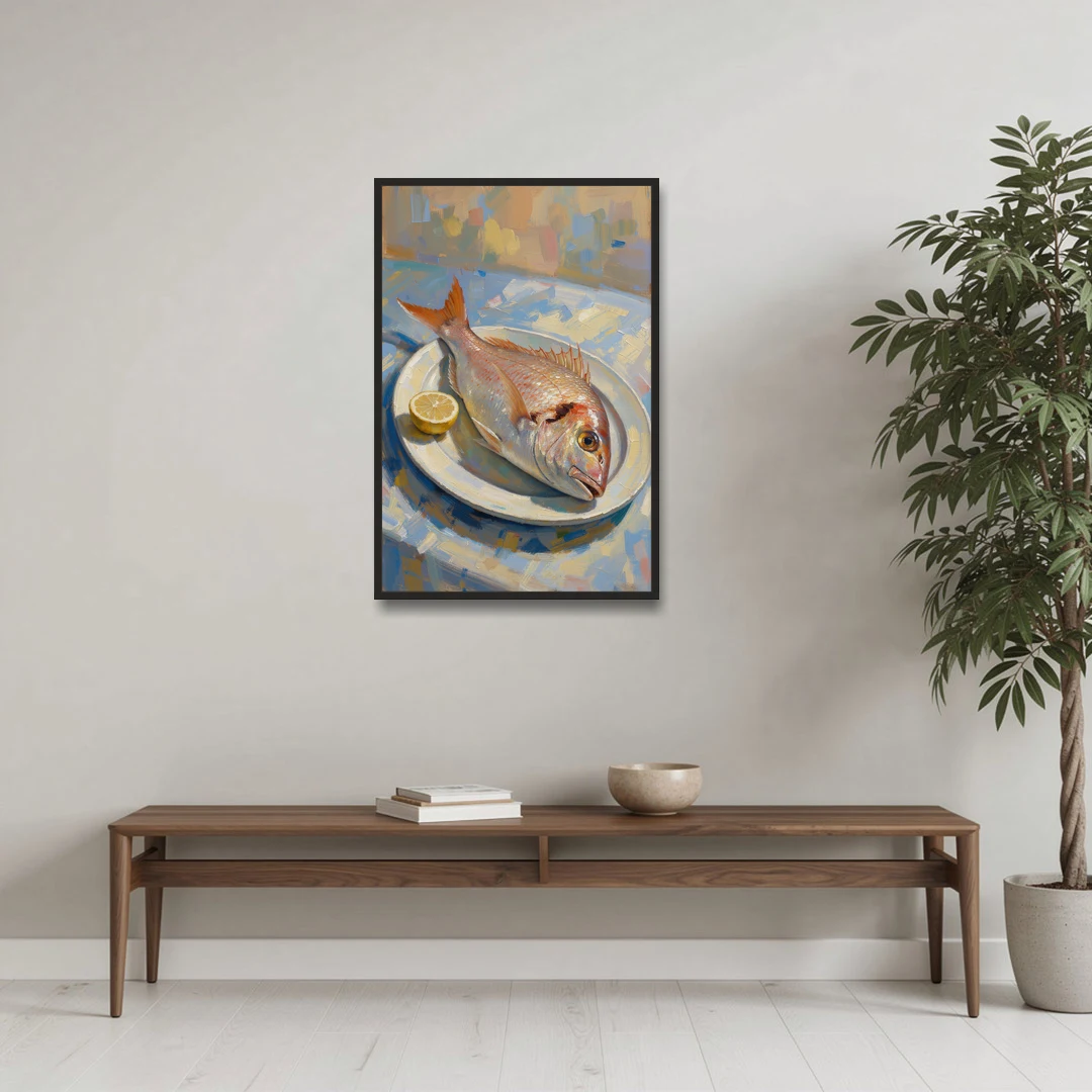 Still Life Oil Painting of Red Snapper and Lemon - Black Framed Canvas Wall Art - Coffee Table - 24x36