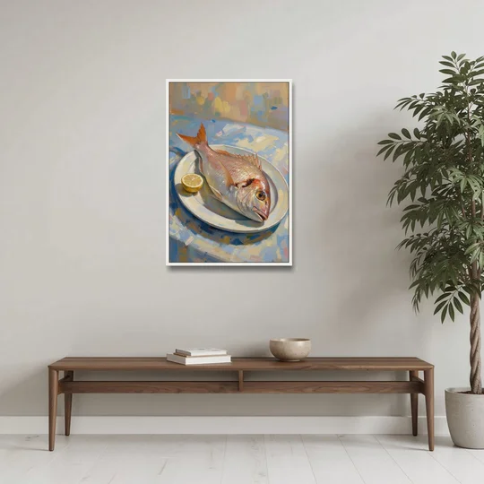 Still Life Oil Painting of Red Snapper and Lemon - White Framed Canvas Wall Art - Coffee Table - 24x36