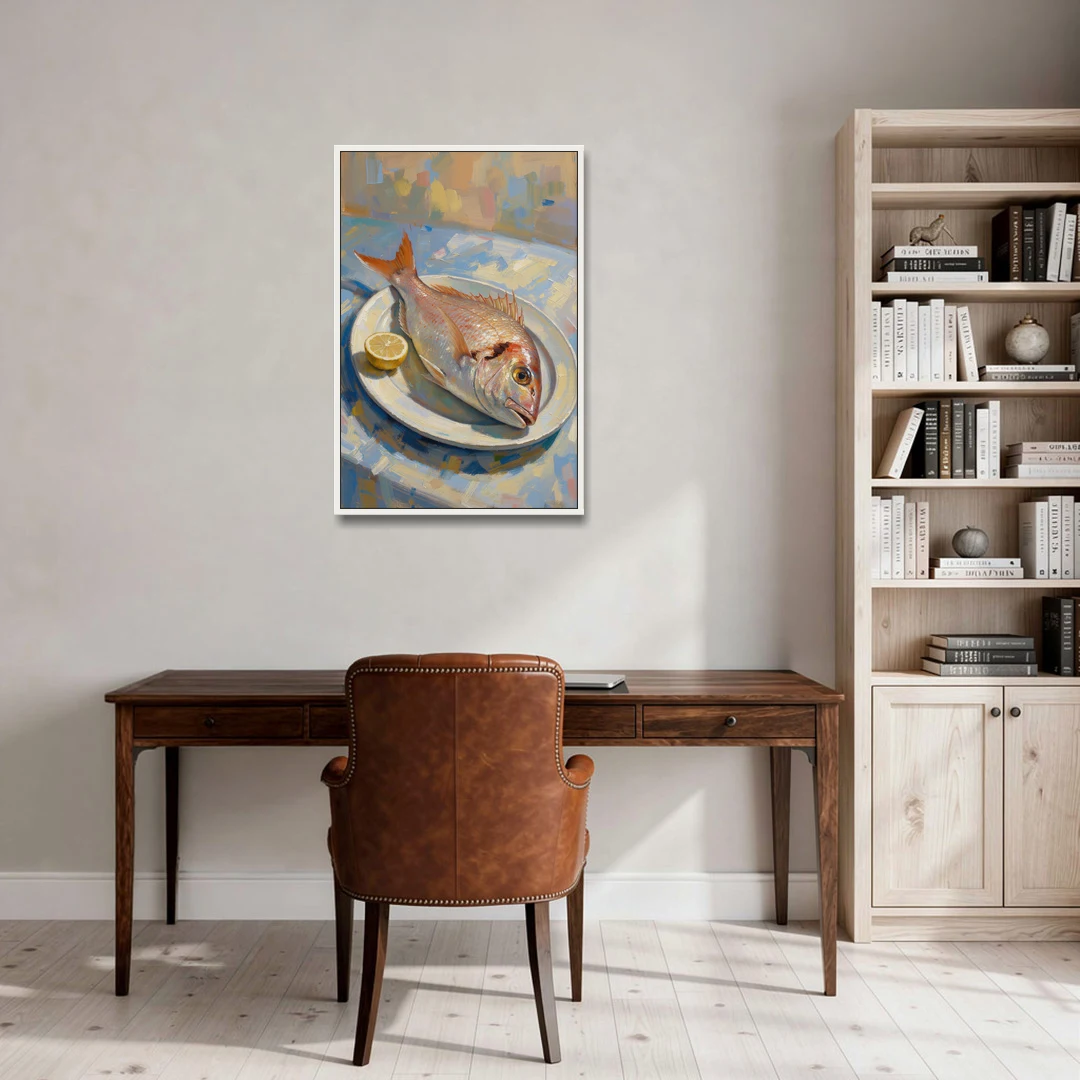 Still Life Oil Painting of Red Snapper and Lemon - White Framed Canvas Wall Art - Office - 24x36