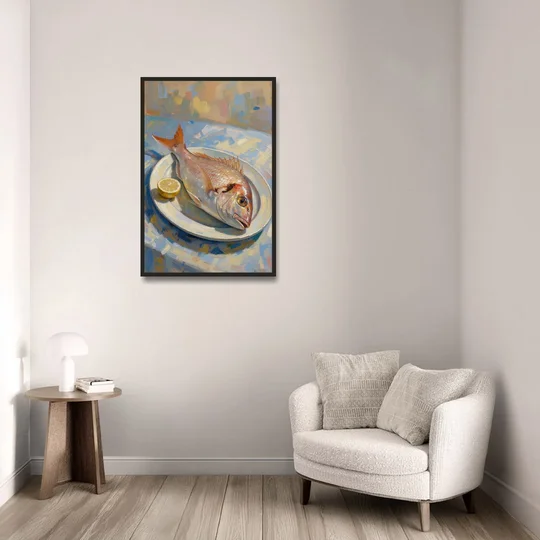 Still Life Oil Painting of Red Snapper and Lemon - Black Framed Canvas Wall Art - Sofa - 24x36