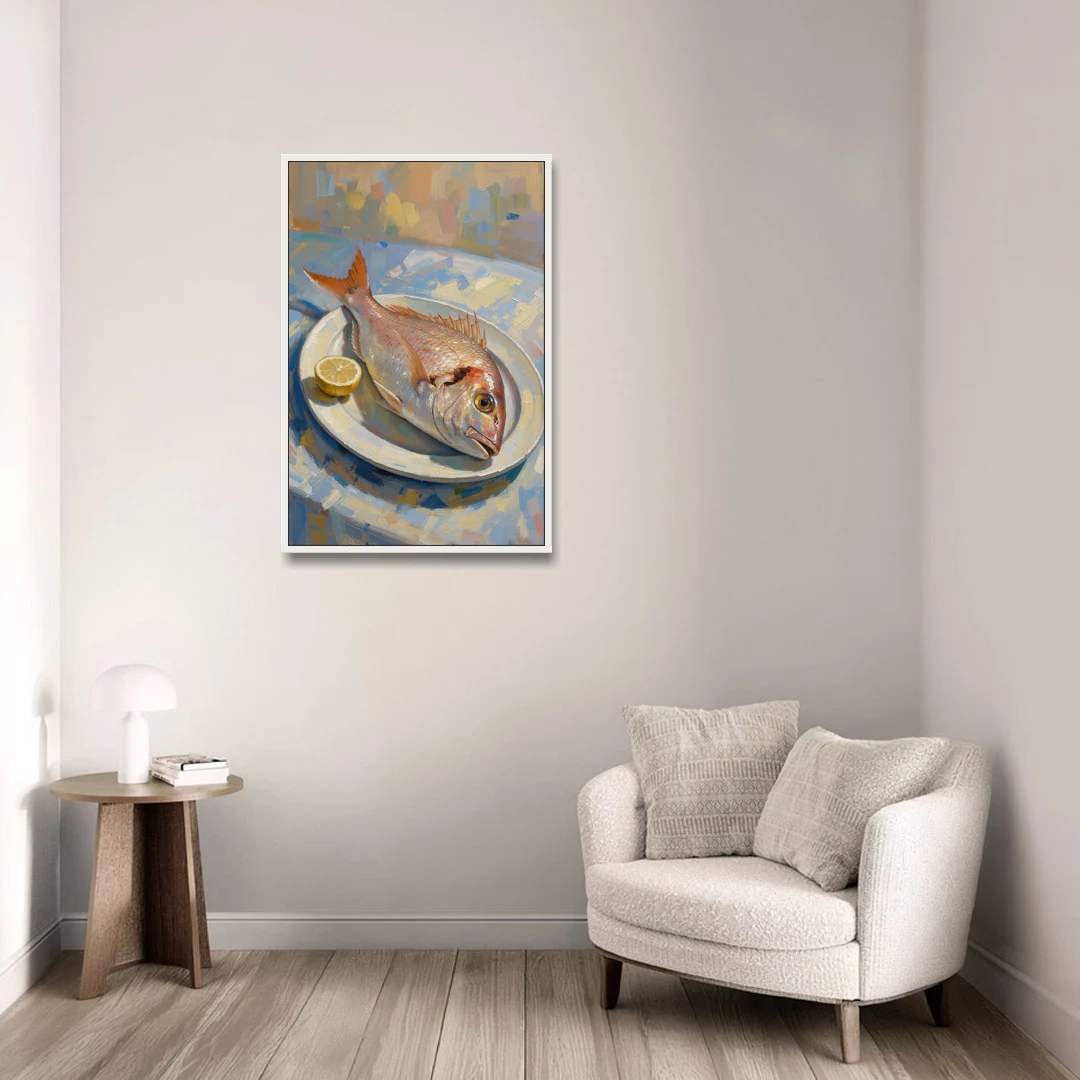 Still Life Oil Painting of Red Snapper and Lemon - White Framed Canvas Wall Art - Sofa - 24x36
