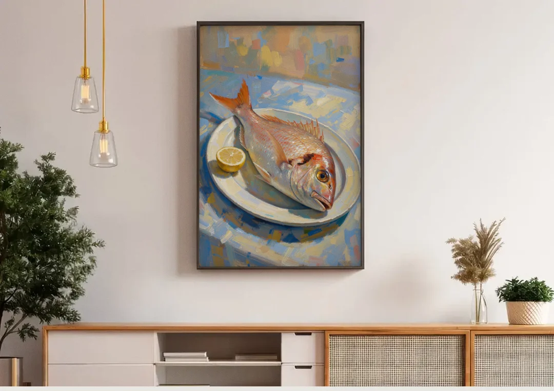 Still Life Oil Painting of Red Snapper and Lemon canvas wall art above a wooden sideboard under pendant lights