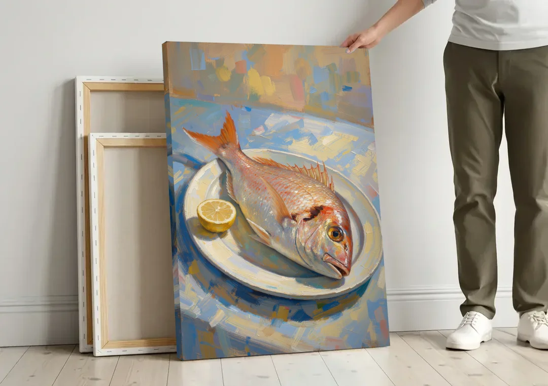Still Life Oil Painting of Red Snapper and Lemon canvas wall art leaning against a wall next to blank canvases