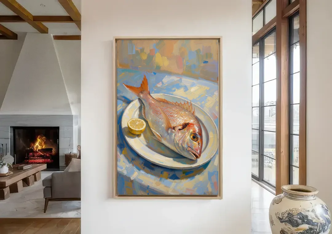 Still Life Oil Painting of Red Snapper and Lemon canvas wall art in a living room with a fireplace