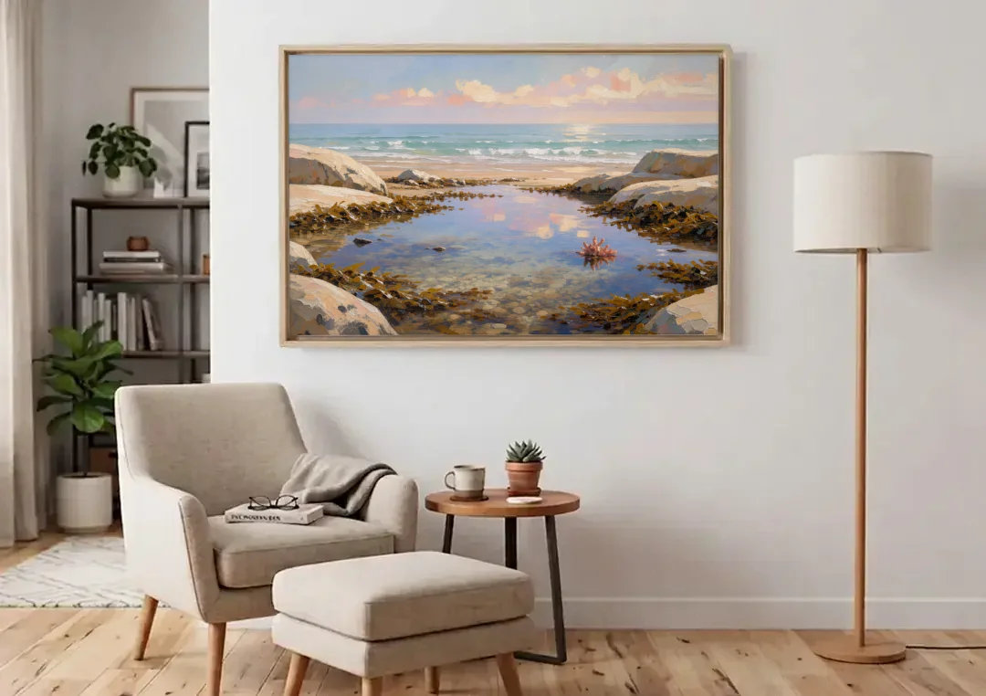 Still Tide Pool Reflection for the Beach House canvas wall art above an armchair in a bright living room