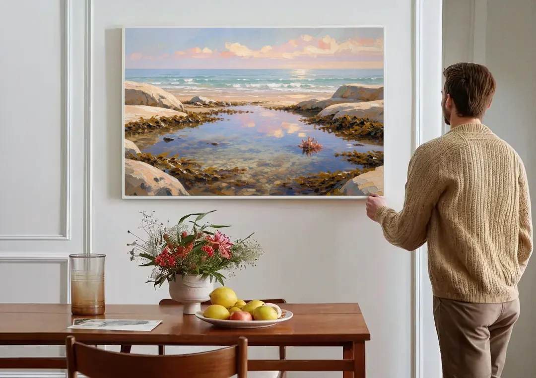 Still Tide Pool Reflection for the Beach House canvas wall art above a dining table
