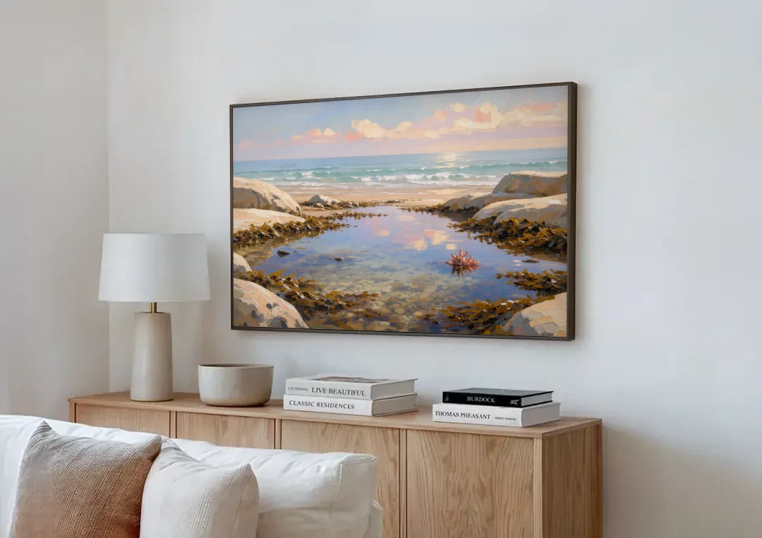 Still Tide Pool Reflection for the Beach House canvas wall art above a wooden sideboard next to a sofa