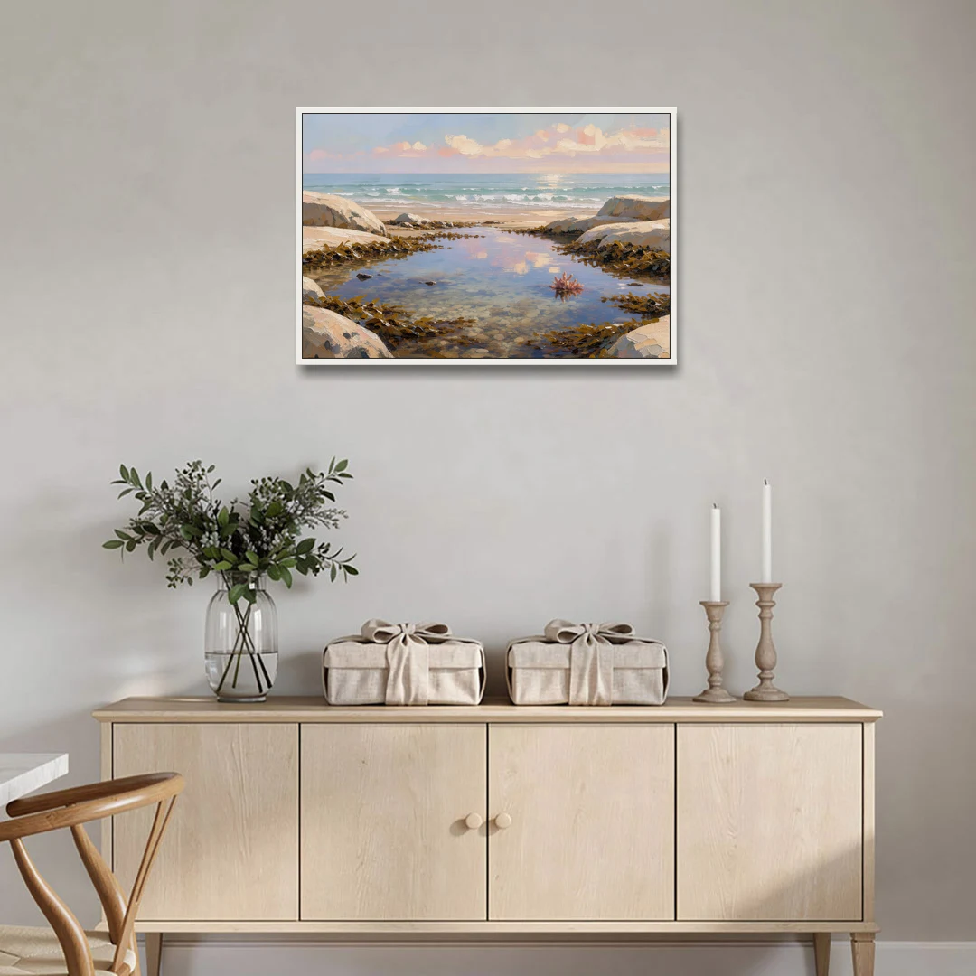 Still Tide Pool Reflection for the Beach House - White Framed Canvas Wall Art - Coffee Table - 36x24