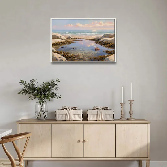 Still Tide Pool Reflection for the Beach House - White Framed Canvas Wall Art - Coffee Table - 36x24