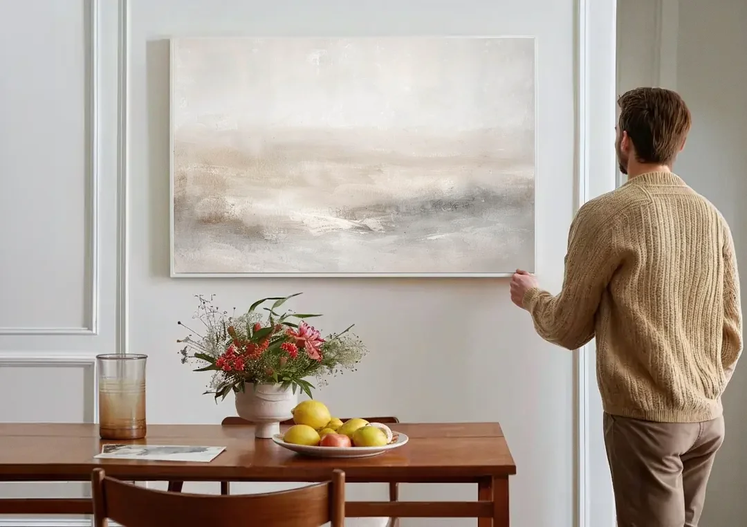 Stillness in Motion canvas wall art above a dining table