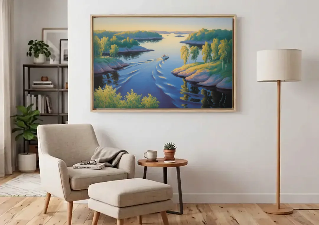Stockholm Archipelago canvas wall art above an armchair in a bright living room