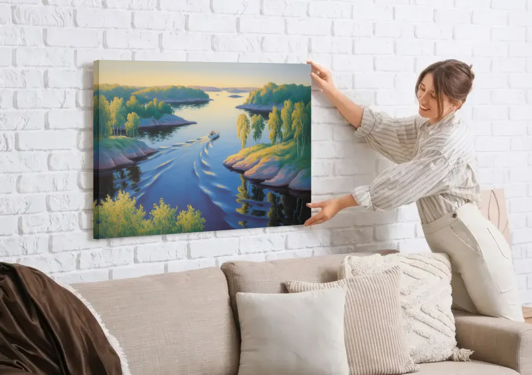Stockholm Archipelago canvas wall art being hung on a white brick wall above a sofa