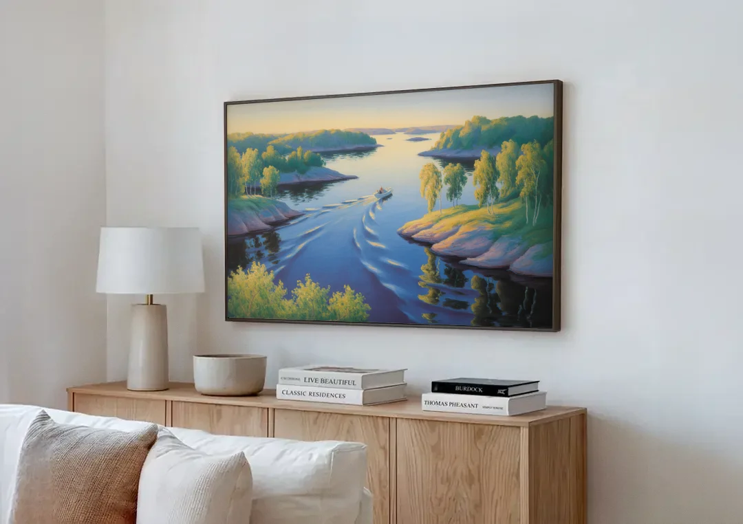 Stockholm Archipelago canvas wall art above a wooden sideboard next to a sofa