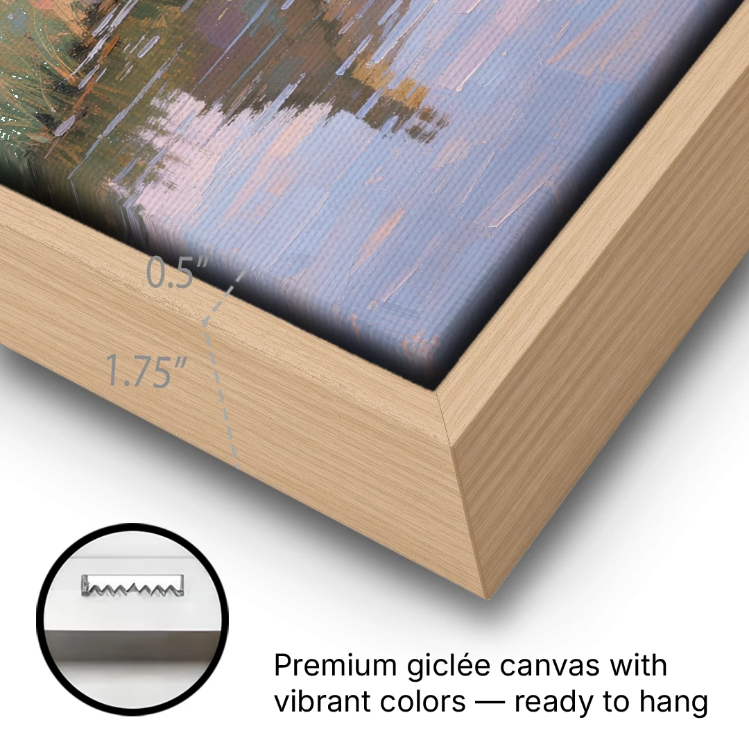 Stone Cottage Painting by the Evening Brook - Oak Framed Canvas Wall Art - Gallery Wrap Corner