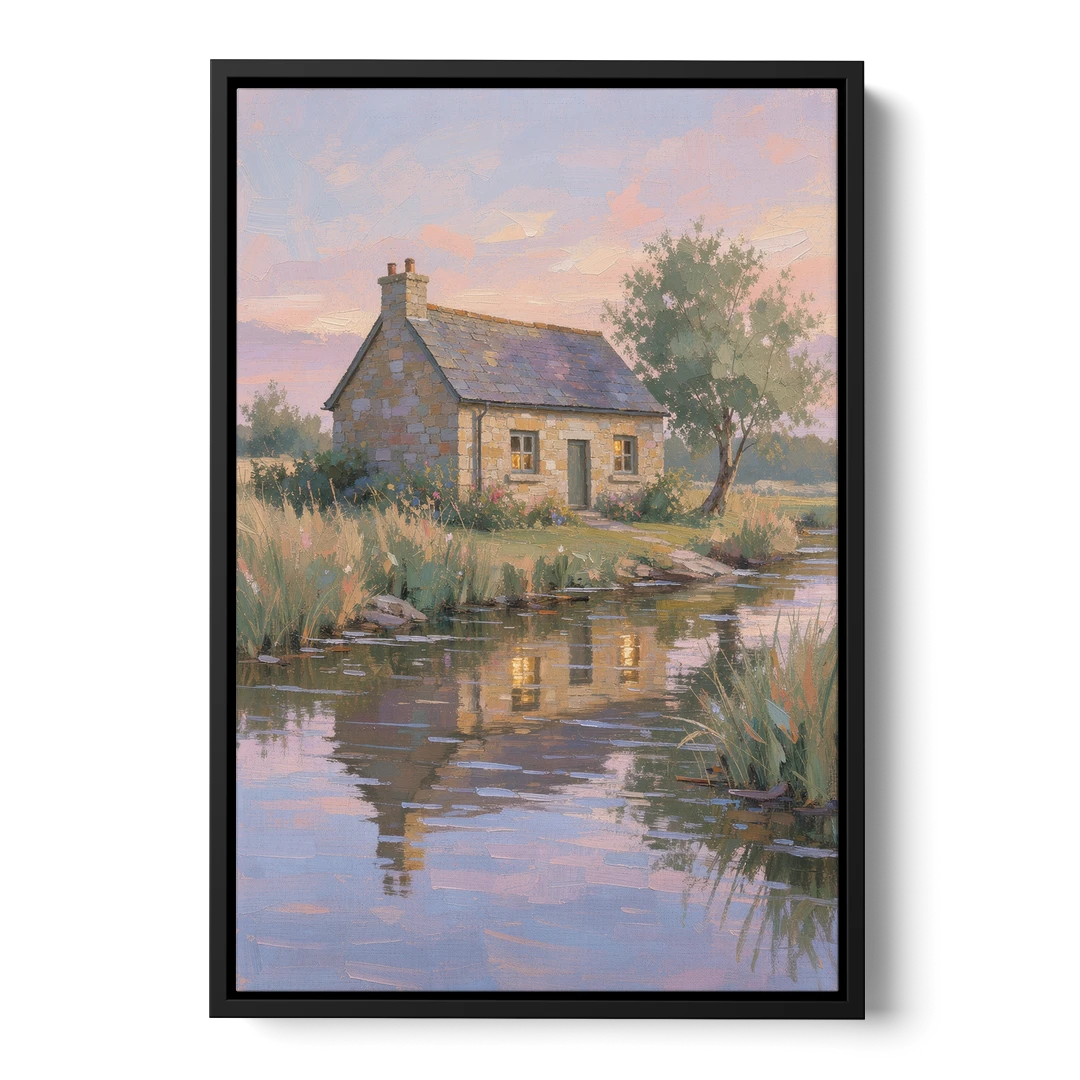Stone Cottage Painting by the Evening Brook - Black Framed Canvas Wall Art - Front