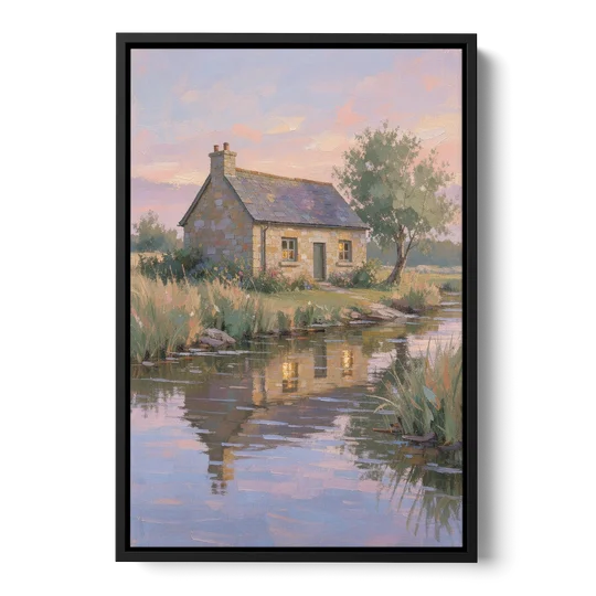 Stone Cottage Painting by the Evening Brook - Black Framed Canvas Wall Art - Front