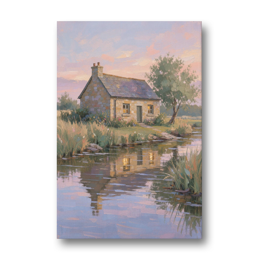 Stone Cottage Painting by the Evening Brook - Canvas Wall Art - Front