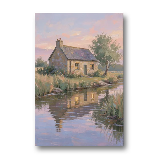 Stone Cottage Painting by the Evening Brook - Canvas Wall Art - Front