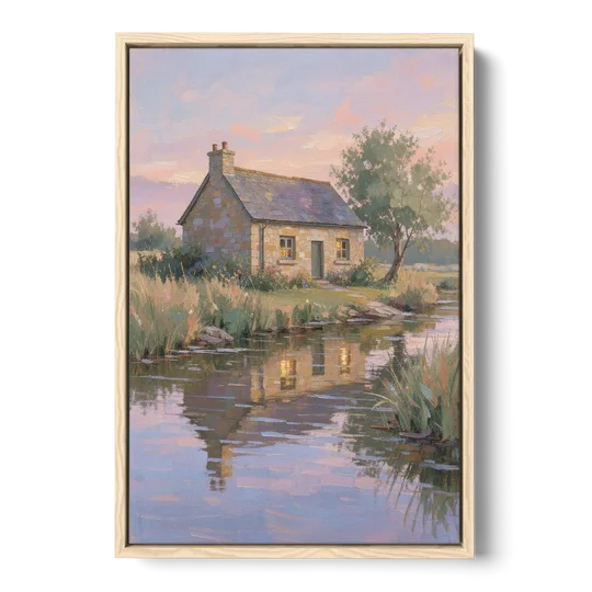 Stone Cottage Painting by the Evening Brook - Oak Framed Canvas Wall Art - Front