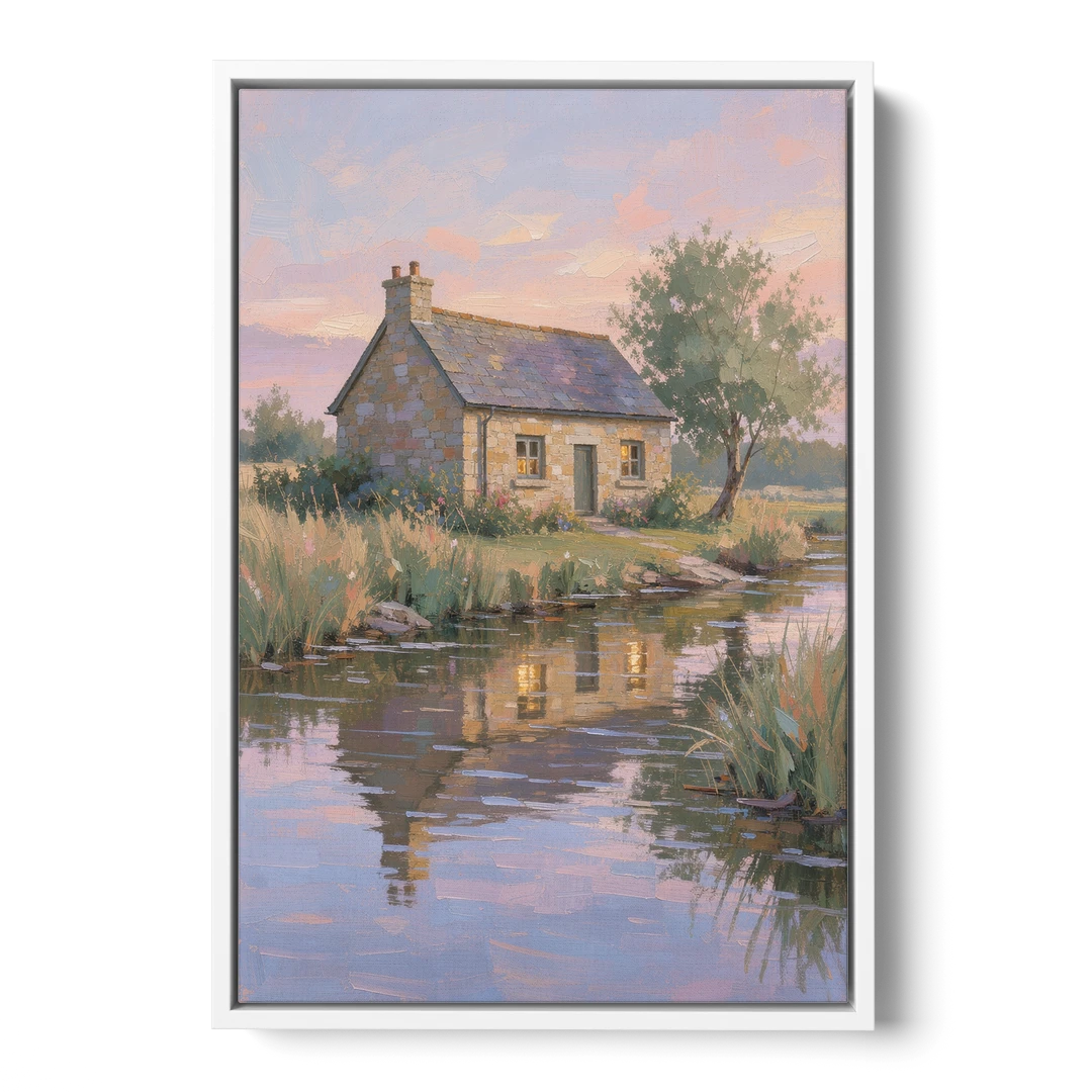 Stone Cottage Painting by the Evening Brook - White Framed Canvas Wall Art - Front