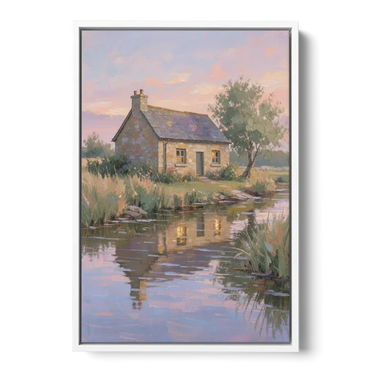 Stone Cottage Painting by the Evening Brook - White Framed Canvas Wall Art - Front
