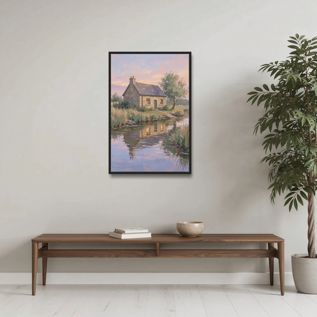 Stone Cottage Painting by the Evening Brook - Black Framed Canvas Wall Art - Coffee Table - 24x36