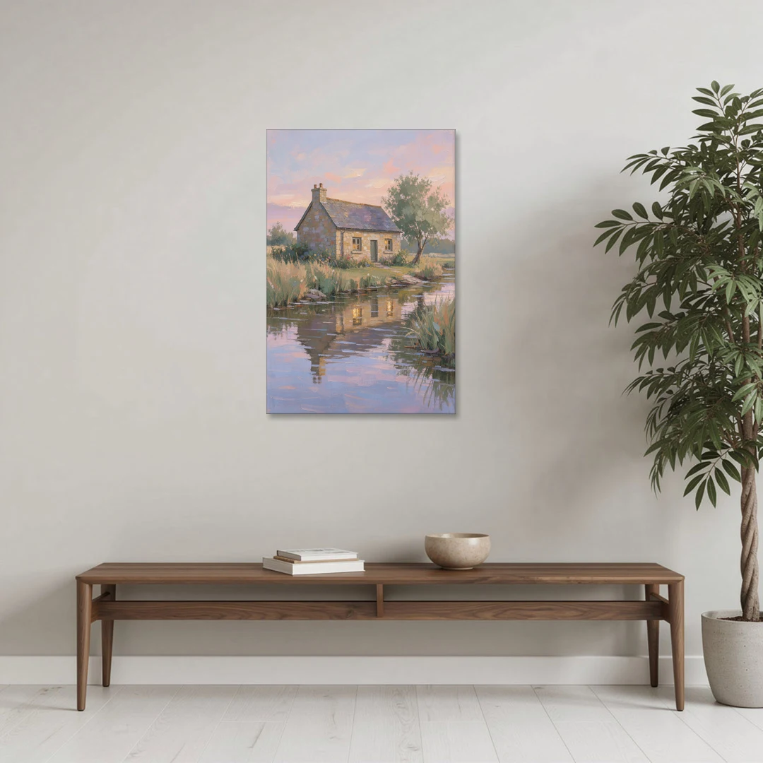 Stone Cottage Painting by the Evening Brook - Canvas Wall Art - Coffee Table - 24x36