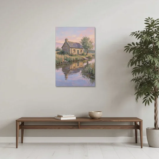 Stone Cottage Painting by the Evening Brook - Canvas Wall Art - Coffee Table - 24x36
