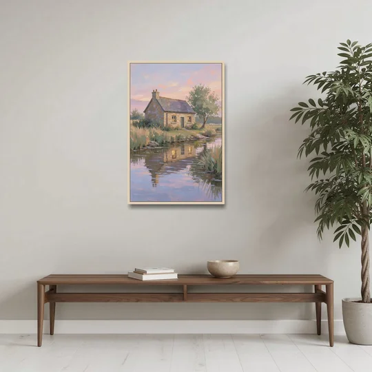 Stone Cottage Painting by the Evening Brook - Oak Framed Canvas Wall Art - Coffee Table - 24x36