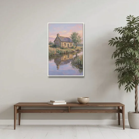 Stone Cottage Painting by the Evening Brook - White Framed Canvas Wall Art - Coffee Table - 24x36