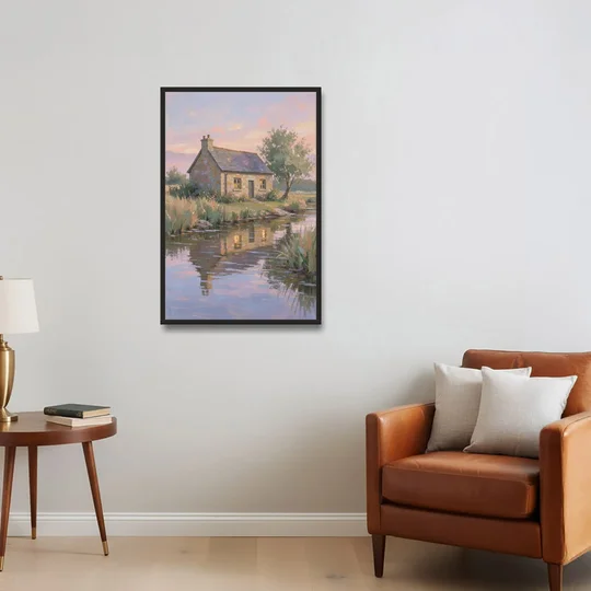 Stone Cottage Painting by the Evening Brook - Black Framed Canvas Wall Art - Sofa - 24x36