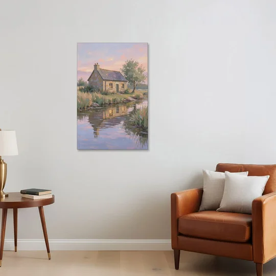 Stone Cottage Painting by the Evening Brook - Canvas Wall Art - Sofa - 24x36