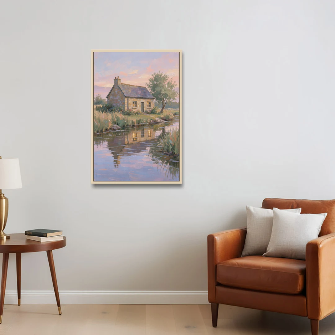 Stone Cottage Painting by the Evening Brook - Oak Framed Canvas Wall Art - Sofa - 24x36