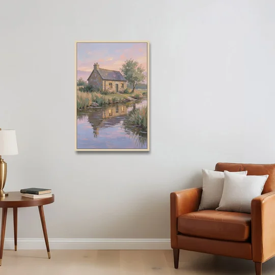 Stone Cottage Painting by the Evening Brook - Oak Framed Canvas Wall Art - Sofa - 24x36