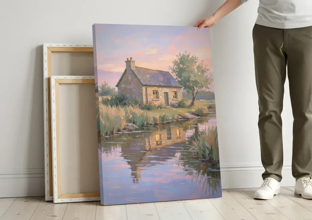 Stone Cottage Painting by the Evening Brook canvas wall art leaning against a wall next to blank canvases